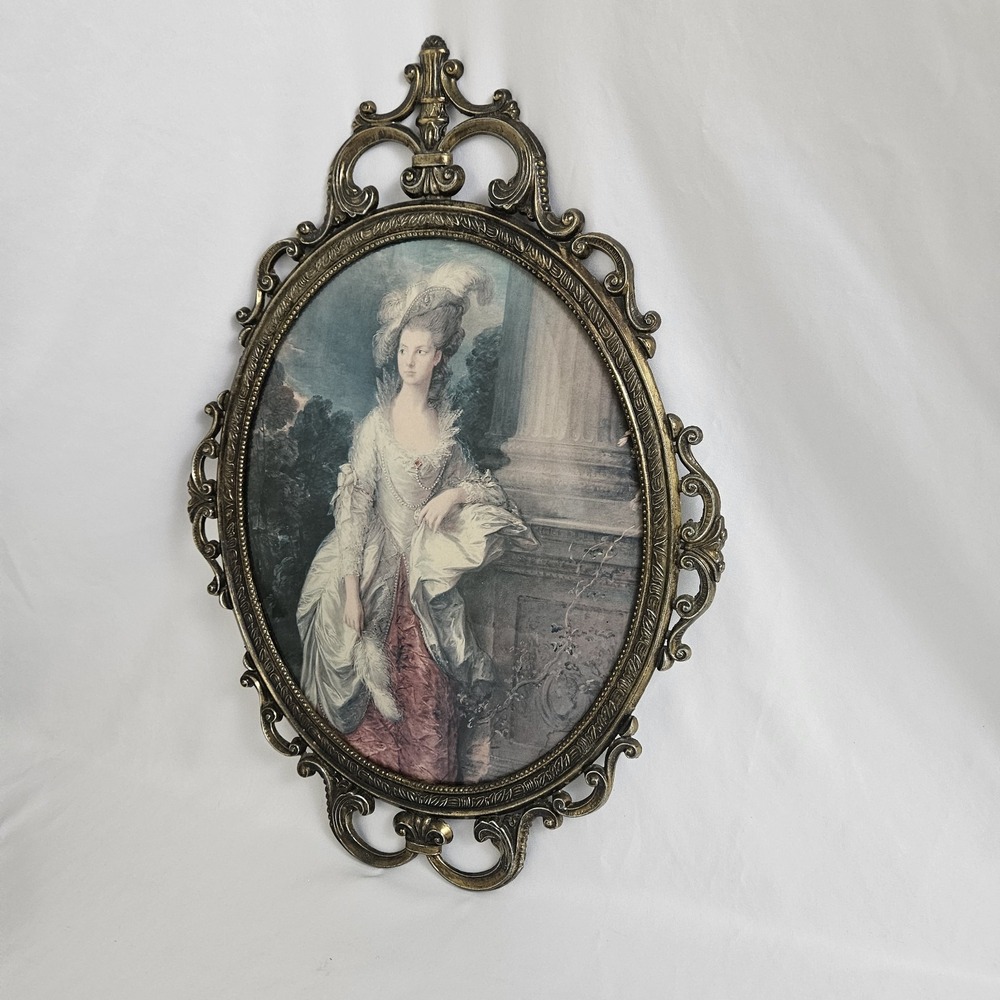 Vintage Italian Convex Bubble Glass Ornate Brass Picture w/ Print 17"